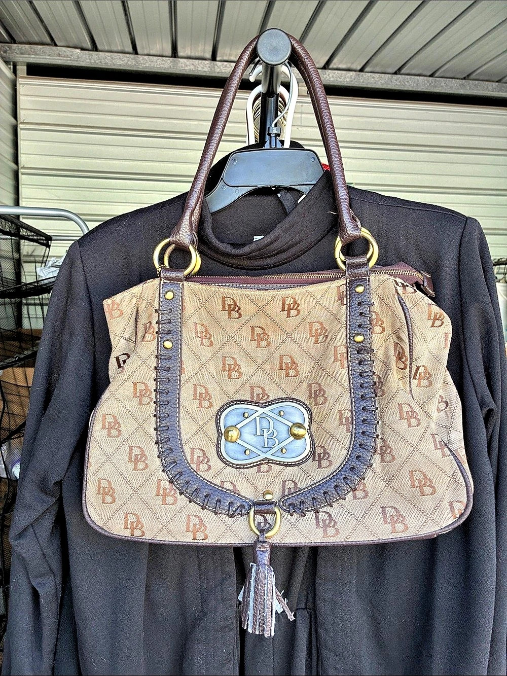 Dooney & Bourke Signature DB Jacquard Tassel Tote Bag Brown & Beige
